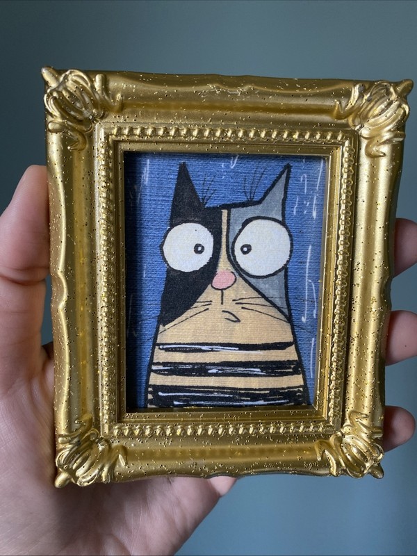 PRINT Whimsical Cat Cute,funny, Painting,framed,miniature,small,mini