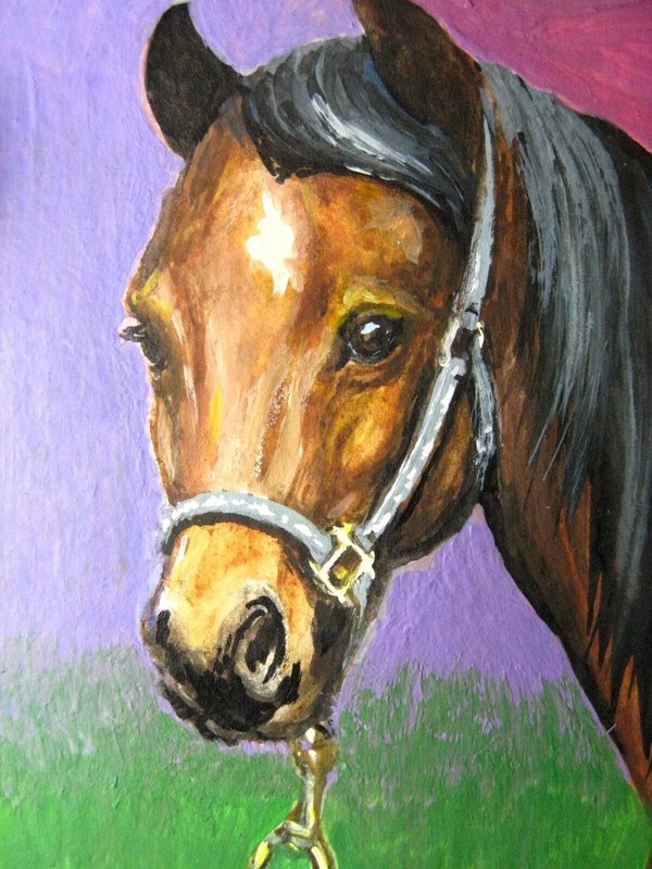 Watercolor Painting Brown Horse Portrait Farm Animals Nature ACEO Art .