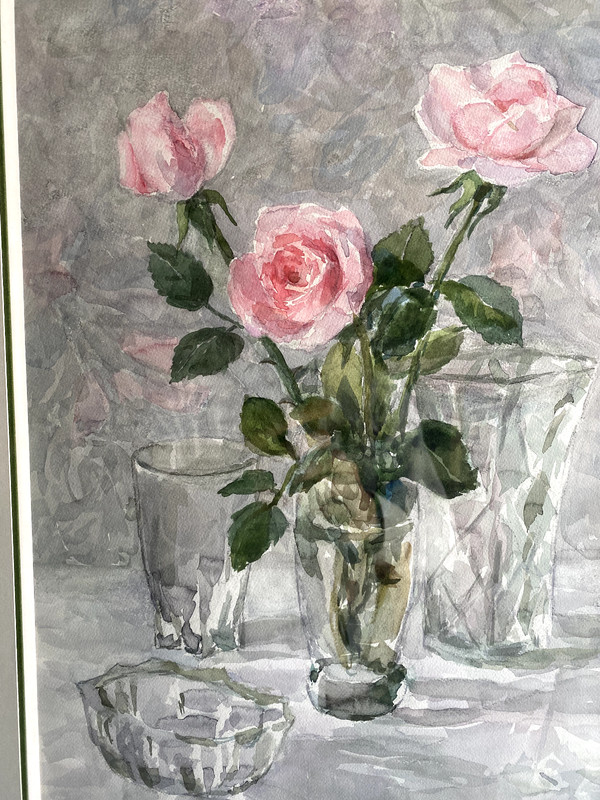 Watercolour Max Ad Indistinctly Signed° Roses Blossoms Flowers IN Vase Frame gallery