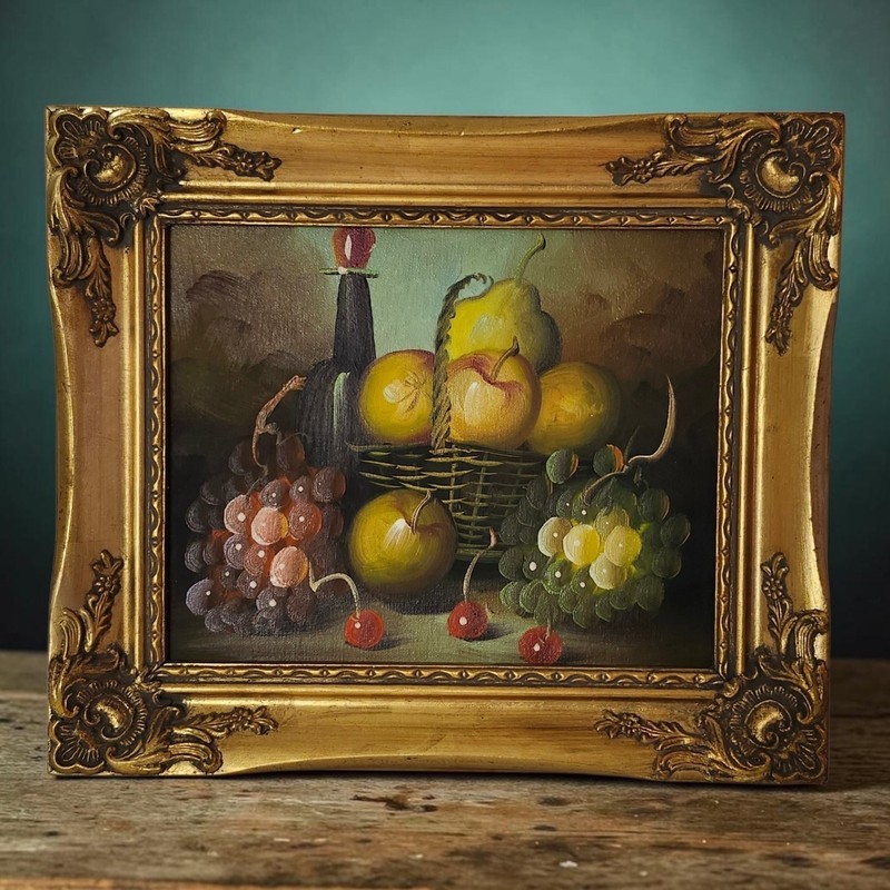 Vtg Original Still Life Fruit Wine Oil Painting on Wood Ornate Gold Frame 11.5″T