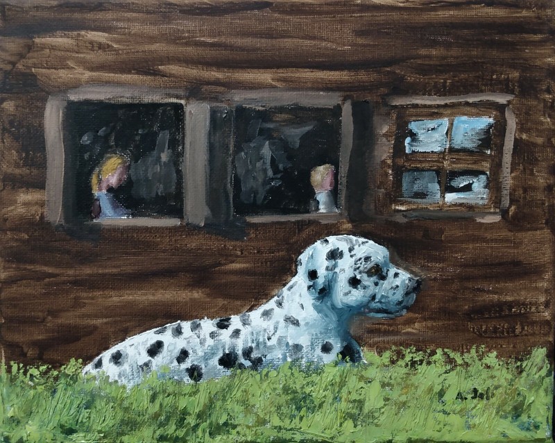 Oil Painting Dalmatian Pitbull Dog Puppy Grass Restaurant Animal Art A. Joli