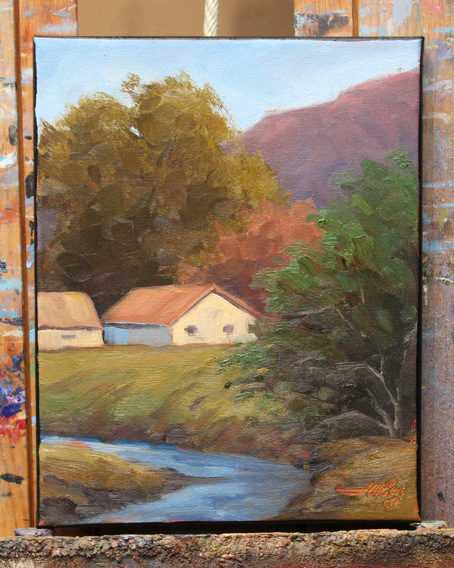 Jeff Love Art Original Oil Painting 10X8" Landscape House Trees Mountain Creek gallery