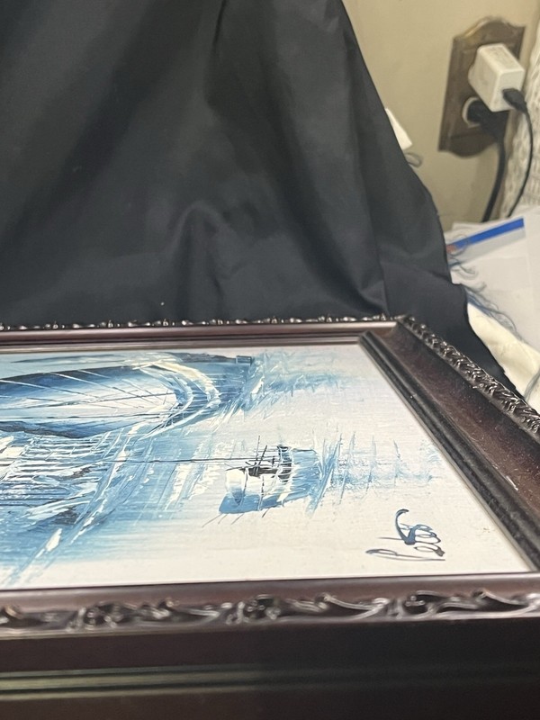 VINTAGE FRAMED OIL ON CANVAS CHINESE JUNK BOAT PAINTING SINGED PETER 20 X 16” gallery