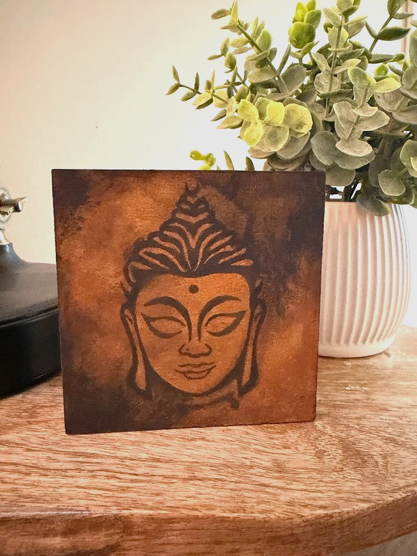Small Art Contemporary Abstract Buddha Painting on Wood Panel Shelf Sitter