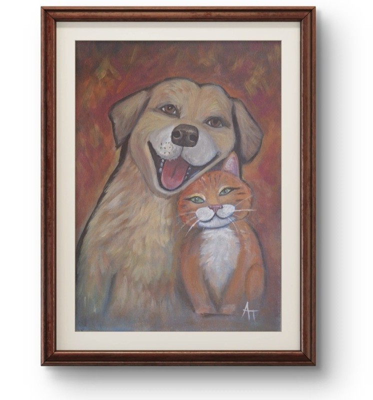 Original Forever Friends Dog And Cat Painting 8×11 Paper