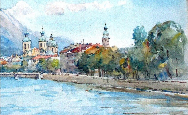 Original Watercolor by Conrad HR Carelli The River Inn at Innsbruk, Austria gallery
