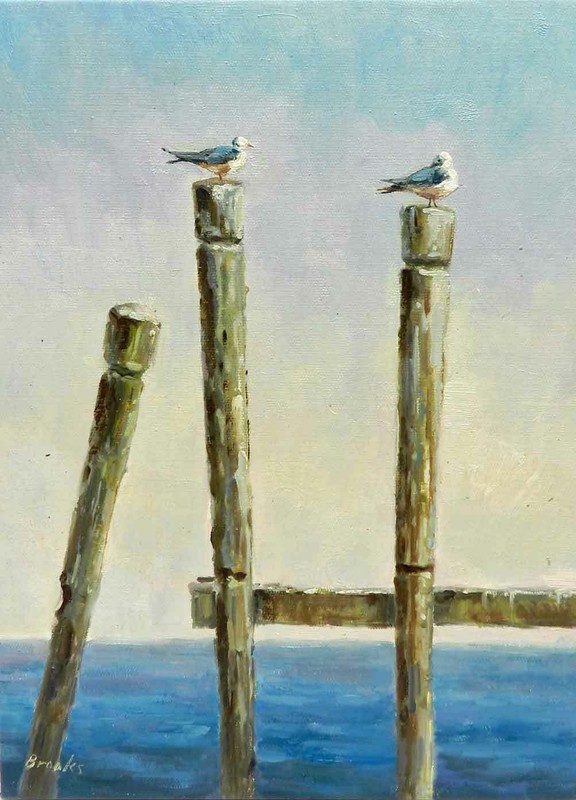 12×16 Seagulls on Pier Post Beach Original Canvas Oil Painting New Wall Art Work