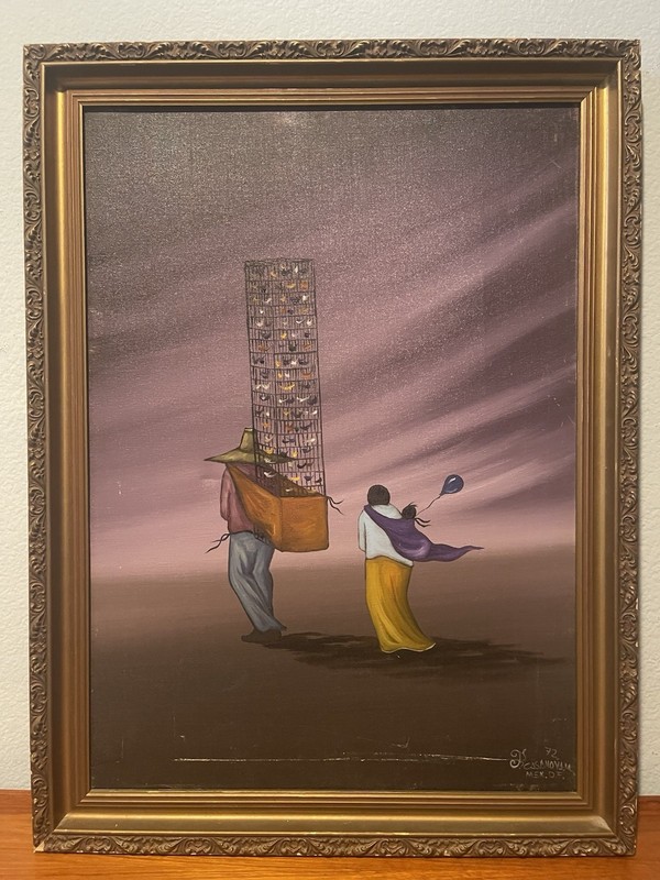 Vintage Surreal Whimsical Oil on Canvas￼Mexico Artist Signed 1972 Birdcage