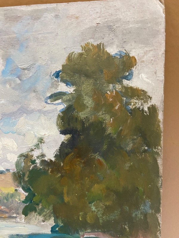 vintage oil on card board man fishing in imptessionist gallery