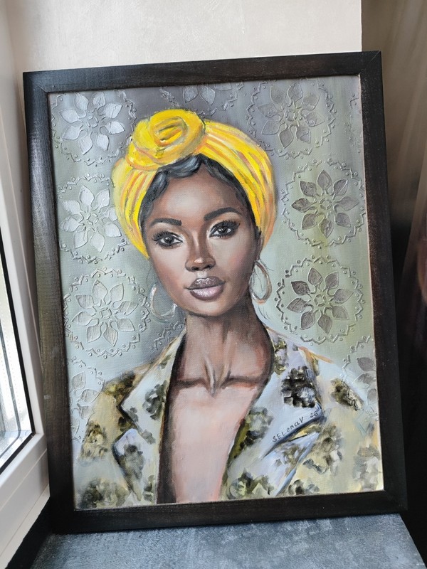 Original Oil Painting Black Woman Turban Portrait Silver Decor Framed 13x17" Art gallery