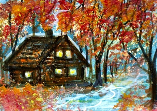 ACEO Original Painting TREE Autumn CABIN Lake Landscape FALL Leaf Nature ATC ART