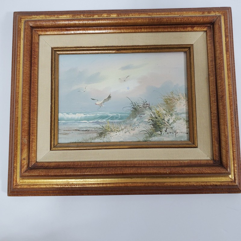 J Thompson Seascape Oil Painting Signed 5×7 Blue Gold Frame Coastal Art