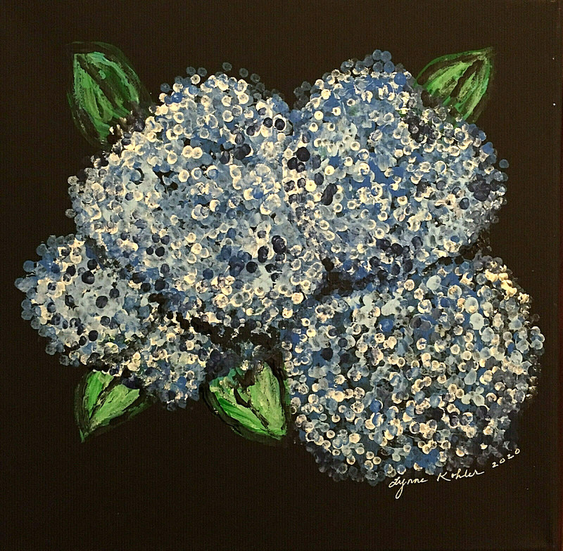 Original painting blue flowers on black 12×12″ CANVAS by Lynne Kohler