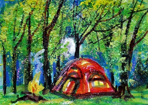 ORIGINAL ACEO Painting CAMPING Tent Fire Trees Woods Moon Night Stars ATC ART