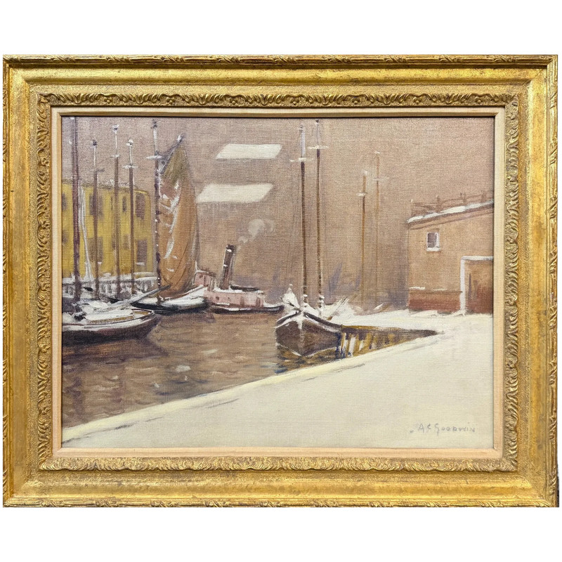 Arthur Clifton Goodwin Cityscape Oil Painting, Boston Waterfront in Winter