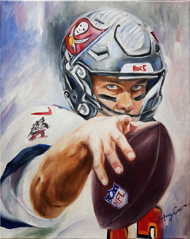 Tom Brady, NFL former football quarterback, Original Oil Painting 16X20 Signed