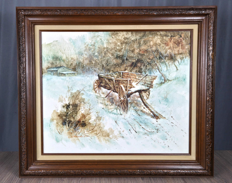 Jim Sloan original winter landscape oil painting on canvas, wagon, farm/barn gallery