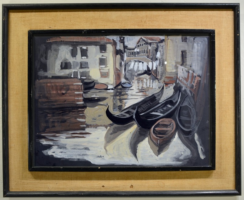 1953 painting of Venice, Gouache, Lester Polakov, Mid Century Modern