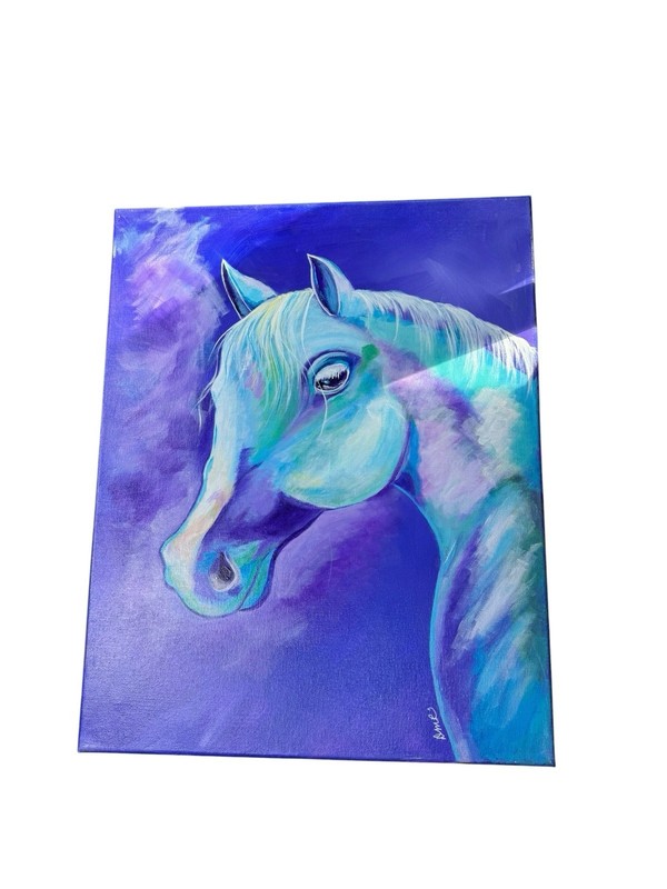 Modern Horse Acrylic Painting Purple Blue Canvas Wall Art Signed Decor
