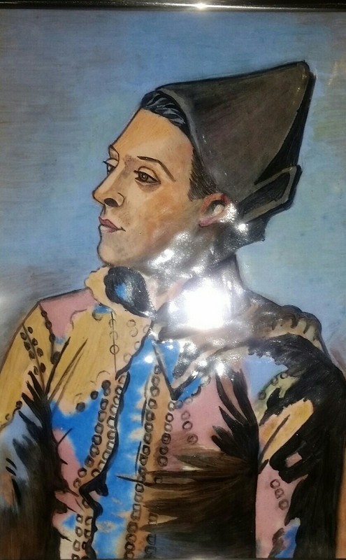 Enamel On Silver Antique Vintage Pablo Picasso Arlequin Painting Framed Ca 1960