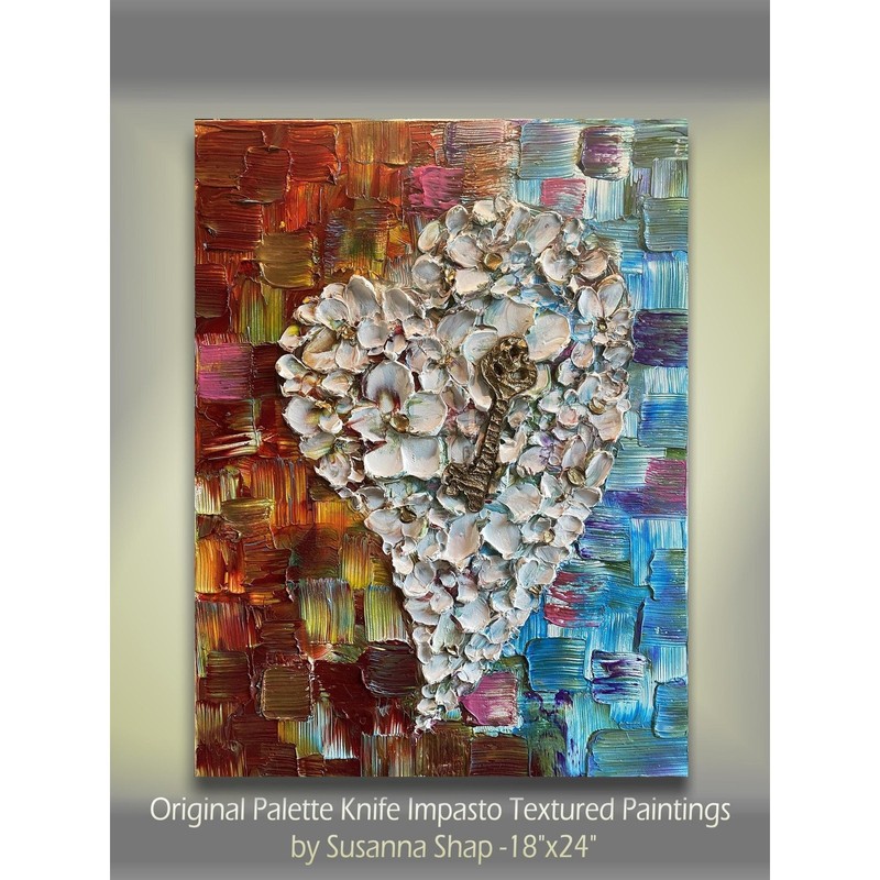 Original multi-color Heart Painting Textured, palette knife art, Heart & Key