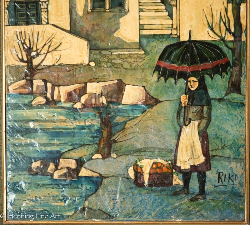 Beautiful Mid Century Eastern European Landscape Woman Under Umbrella in Rain gallery