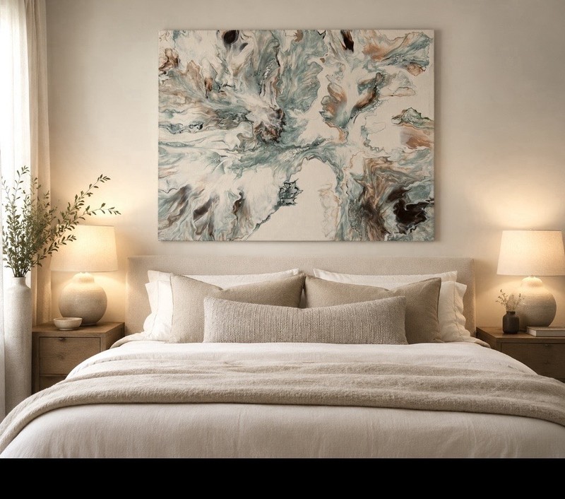 Abstract Modern Fluid Swirl Canvas Painting Teal White Brown Unframed