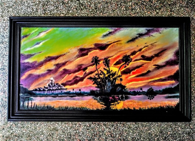 Dramatic Florida Landscape Oil Painting on wood panel by Winsor Newton 21x40 gallery
