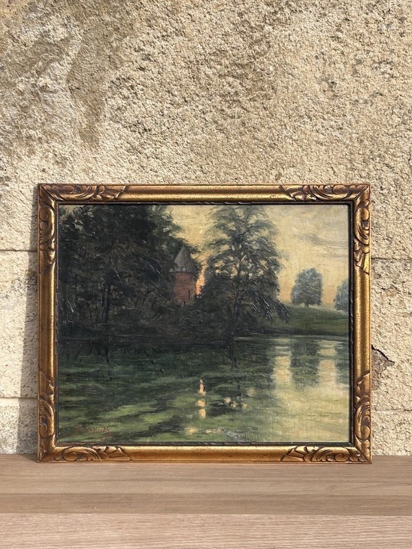 Vtg Belgian School Signed Oil Painting Landscape on Wood Gilt Frame Early 20th C