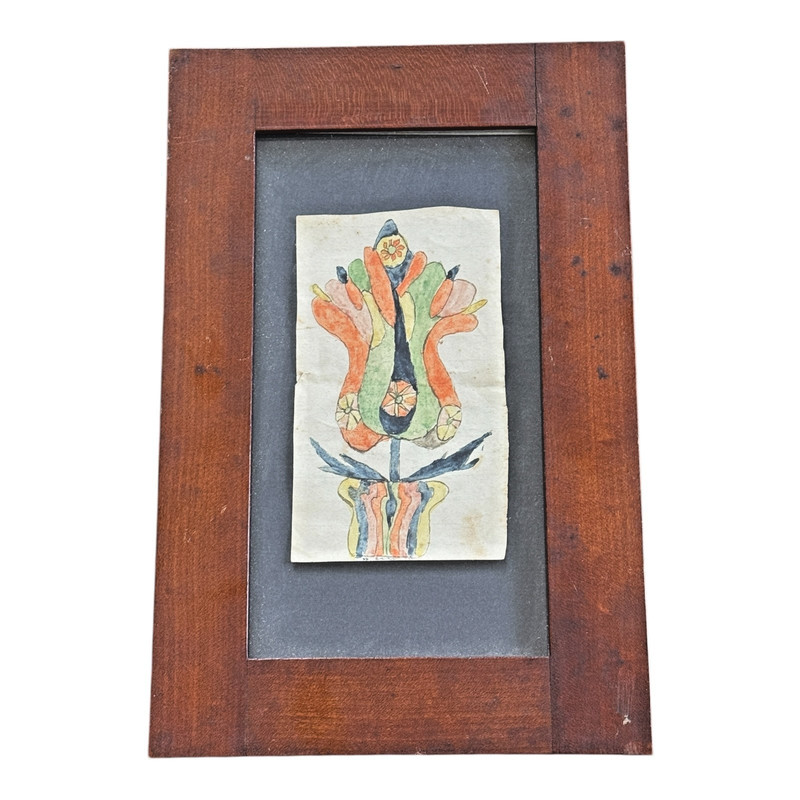 Antique Pennsylvania Folk Art Watercolor Fraktur Drawing, Tulip Flower - Framed gallery