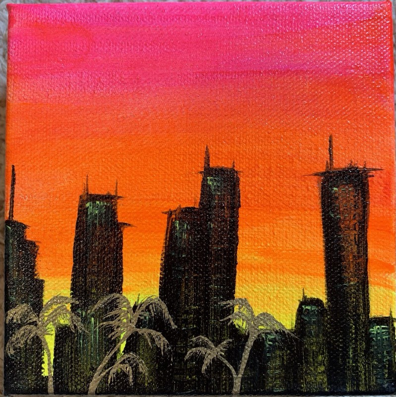 Miami City Scape Original Oil Painting With Palm Trees And Vibrant Colors