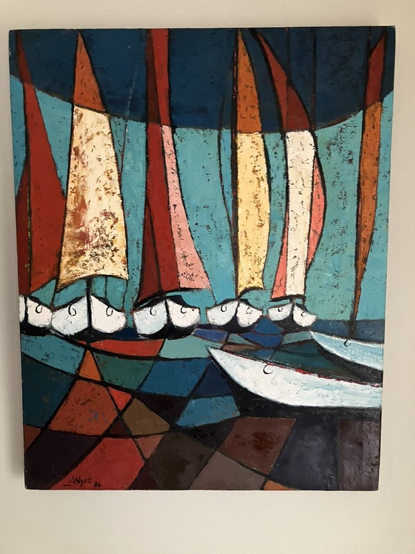 Cubist Original Oil On Canvas Titled Las Barcas (The Boats) Signed