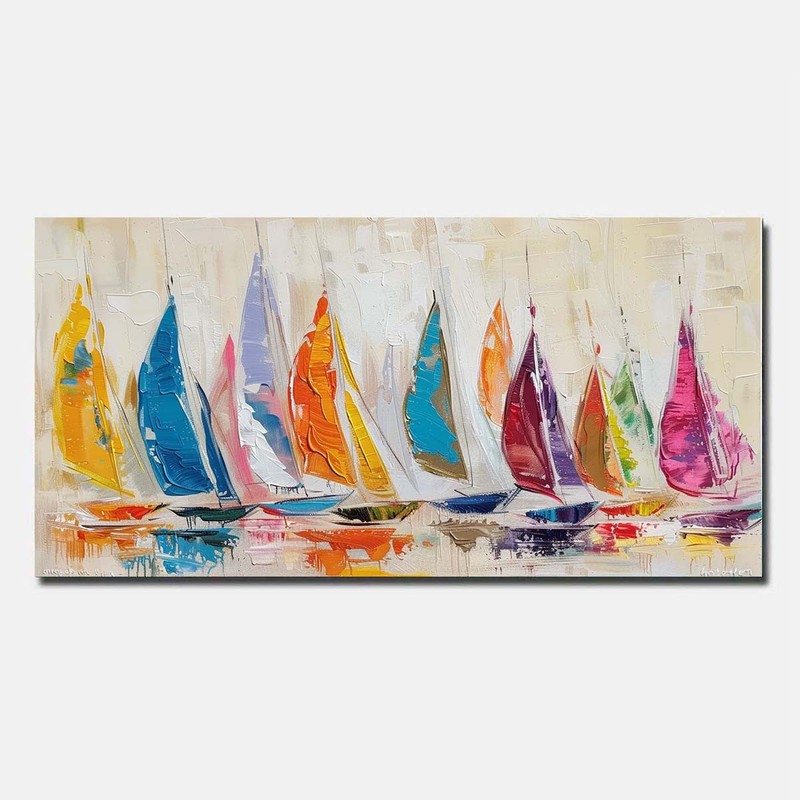 Red Hand Painted Oil Painting On Canvas Abstract Wall Art Sailing boat