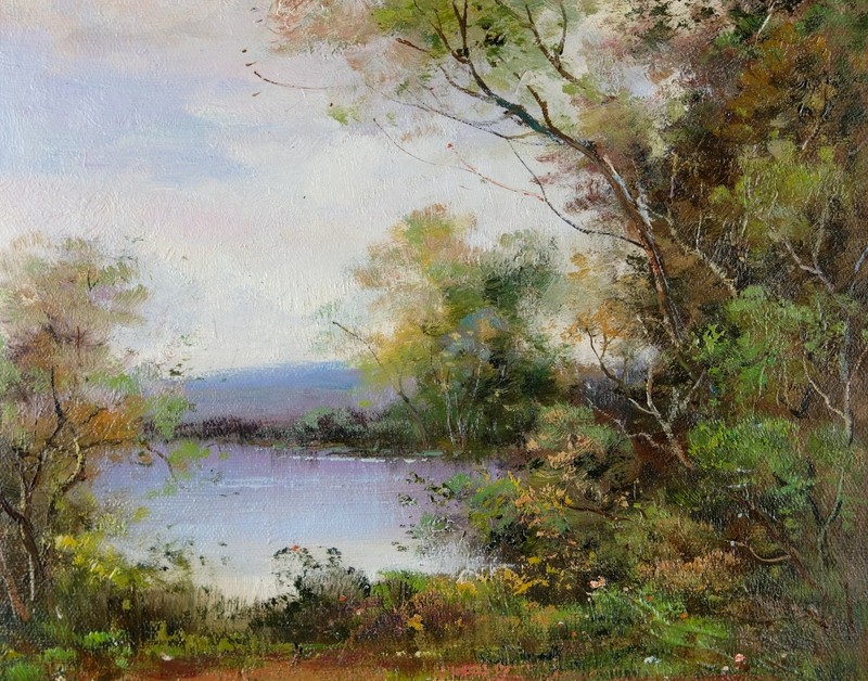 Framed Original Oil Painting, Signed Wall Art, Summer Lake View Landscape gallery