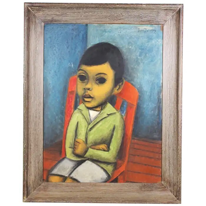 Juan De’Prey, Modernist Oil on Board Portrait of a Young Boy, circa 1940s