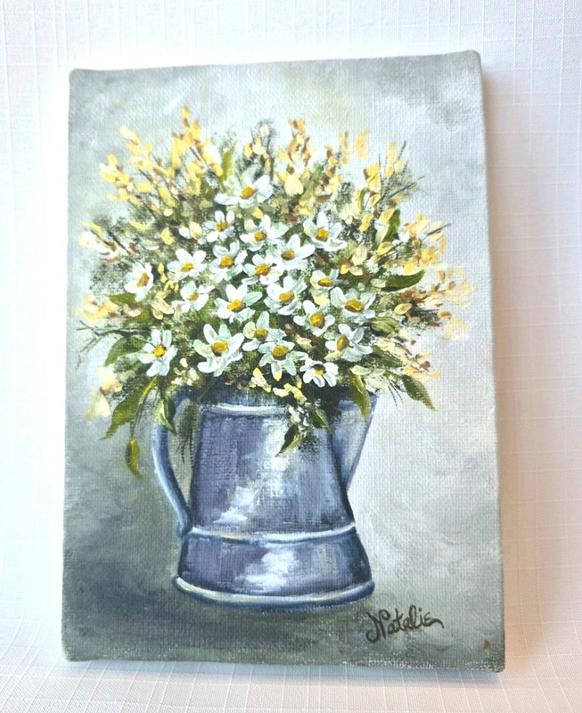 New Hand Painted Daisies Rustic Still Life Wood Canvas Acrylic 5 x 7″ in.