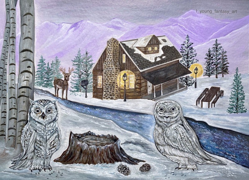 ORIGINAL 7×5 WINTER LANDSCAPE SNOW OWL DEER LOG CABIN PAINTING OOAK ART LYOUNG
