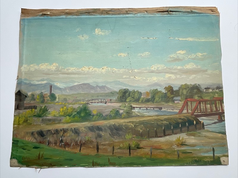 Antique HISTORIC DENVER PAINTING COLORADO BRIDGE REGIONALISM LANDSCAPE 1898 RARE gallery