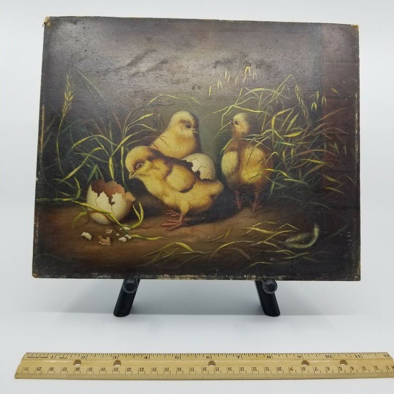 Ben Austrian Antique Farmhouse Oil Painting Chicks Eggs Hatching UNSIGNED Aprsd