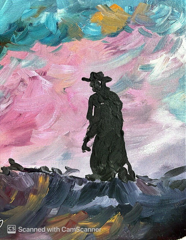 Original Acrylic Painting 11×14 Signed Canvas Art, Cowboy Under Pink a Sky
