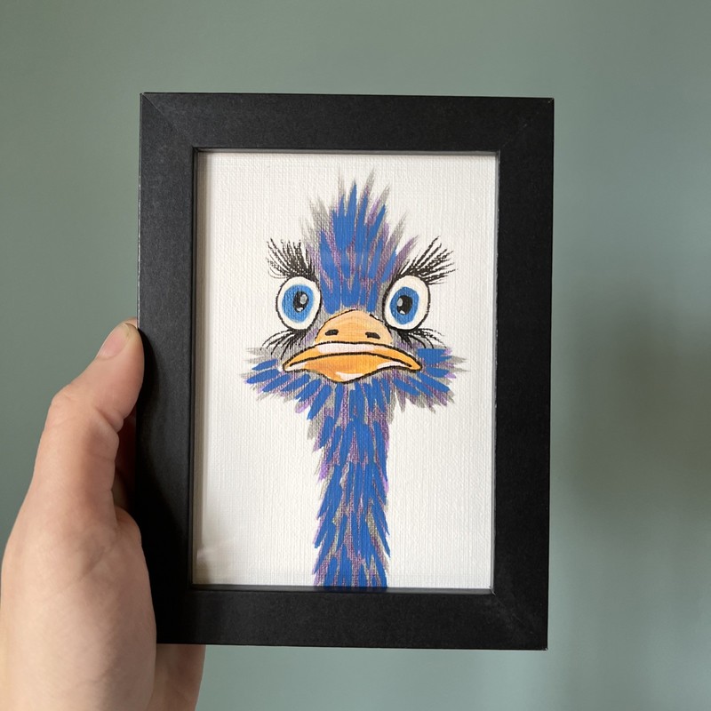 Ostrich,Birds ,funny,cute,original,miniature Painting,small,mini,framed