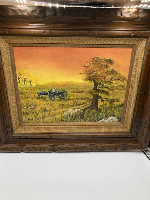 Vintage Tex-Americana Oil Painting Signed Carved Wood Frame Burlap Trim 24 X 20