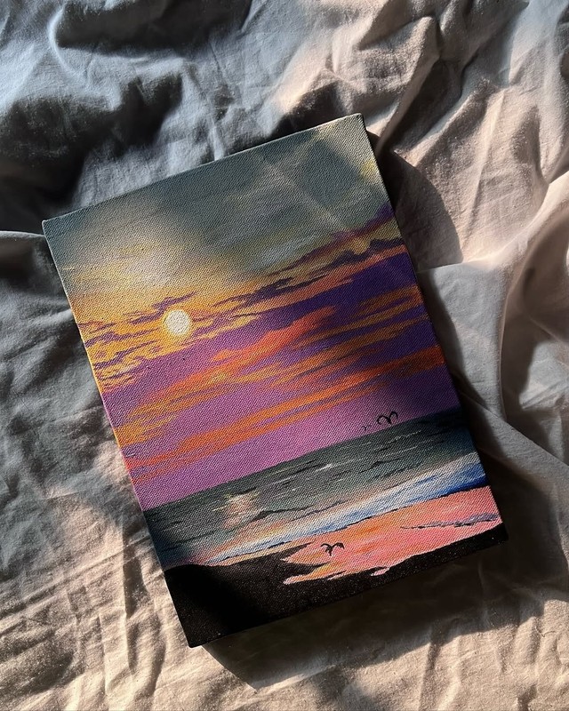 Original Ocean Beach Sunset Acrylic Painting 8×12 Canvas Seascape Wall Art