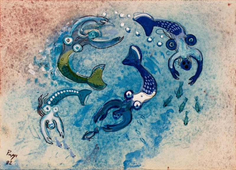 Gisbert Pupp Mermaids Signed Tempera on Handmade Paper 1982 gallery