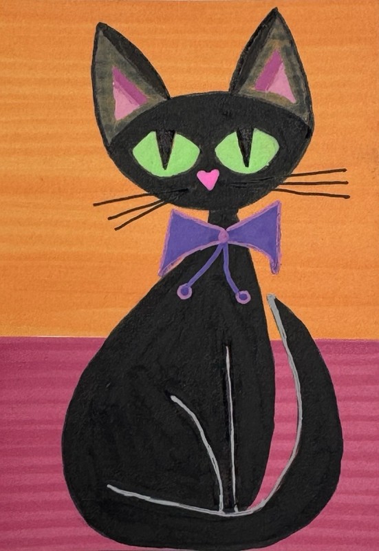 ACEO Original Acrylic Mini Painting Mid Century Modern Cat 2.5 X 3.5 Signed. gallery