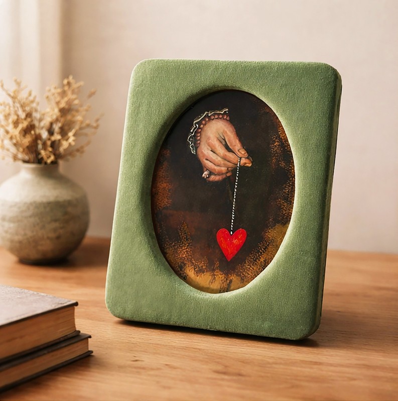 Oil Handmade Painting with Green Textile Frame, Table Shelf Decor