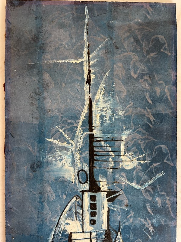 VTG MCM Signe 1967 ANDY B Blue Abstract Fish Ship Vessel Thick Palette Oil Paint gallery