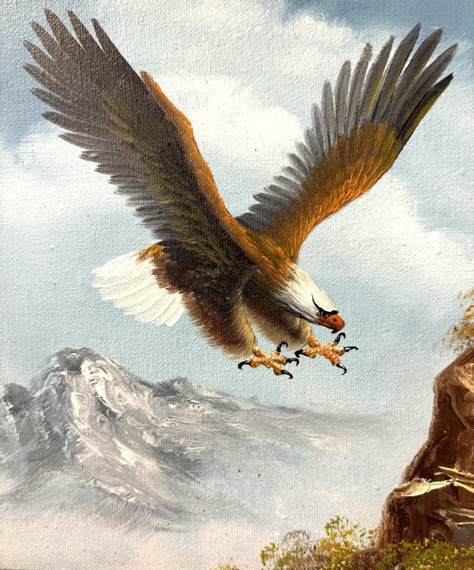 Vintage Oil Painting Flying Bald Eagle Bird in the Mountains Framed 17 x 15