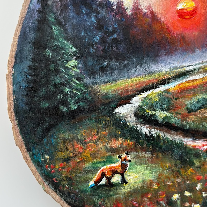 Fox in Forest landscape painting on wood, Wood slice art forest, Woodland decor gallery