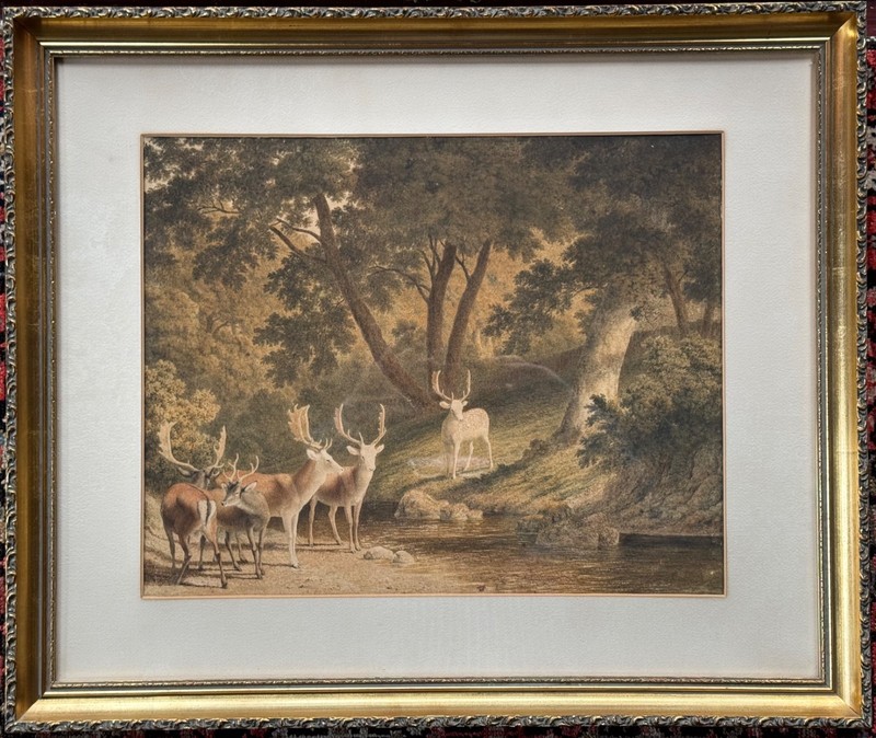 Antique Watercolour Painting Landscape With Deer Robert Hills OWS 1769-1844